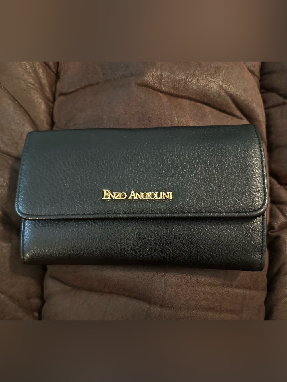 Enzo Angiolini Black Leather Foldover Clutch with Gold Logo Plaque